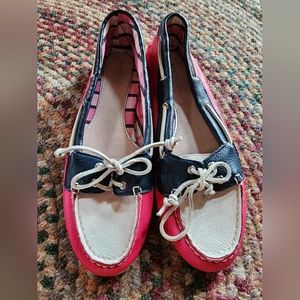 Sperry Women's Leather Tri-Color Boat Shoe, Size 9 Pink, White, and Blue